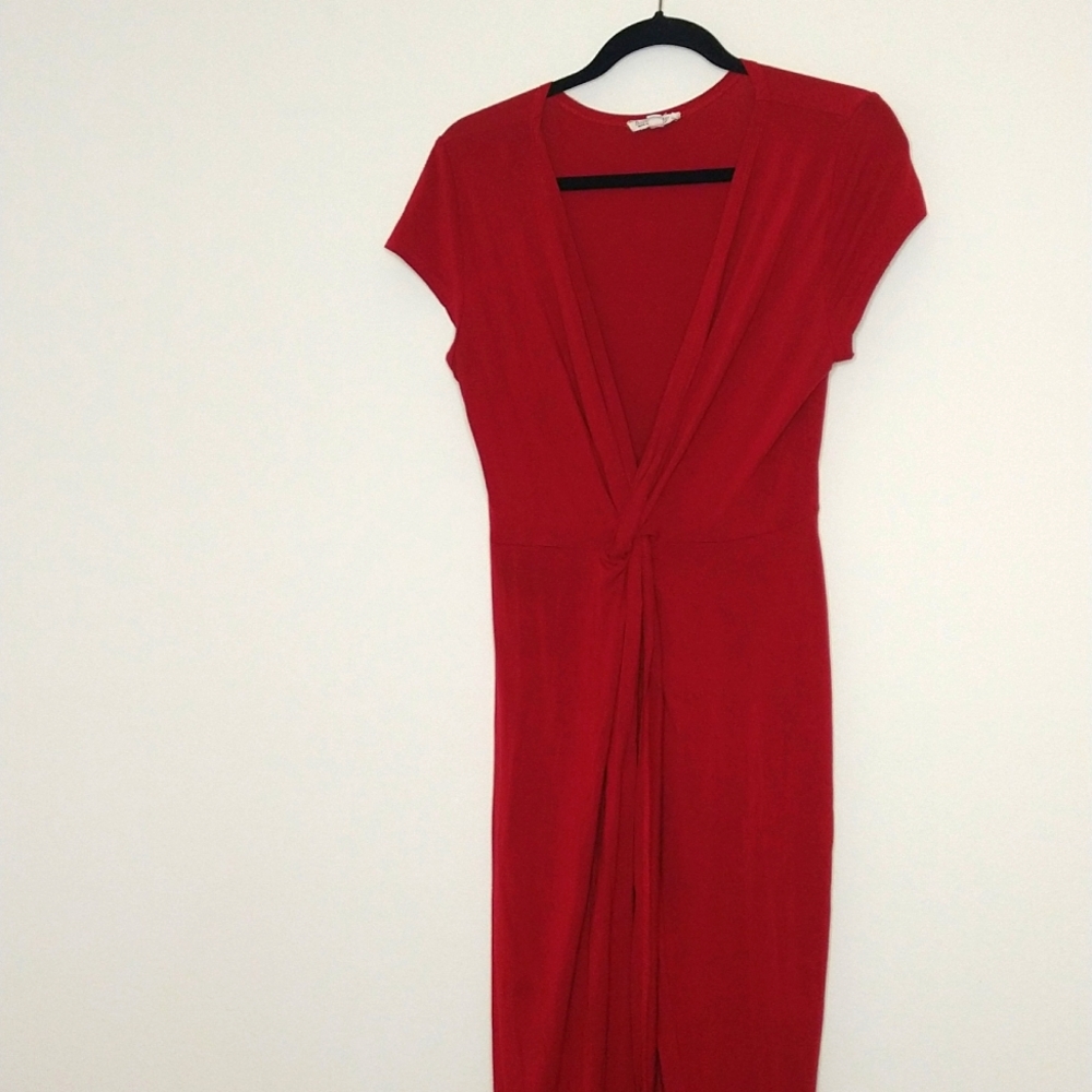 Short sleeve front tie knot Red Maxi Dress LARGE
